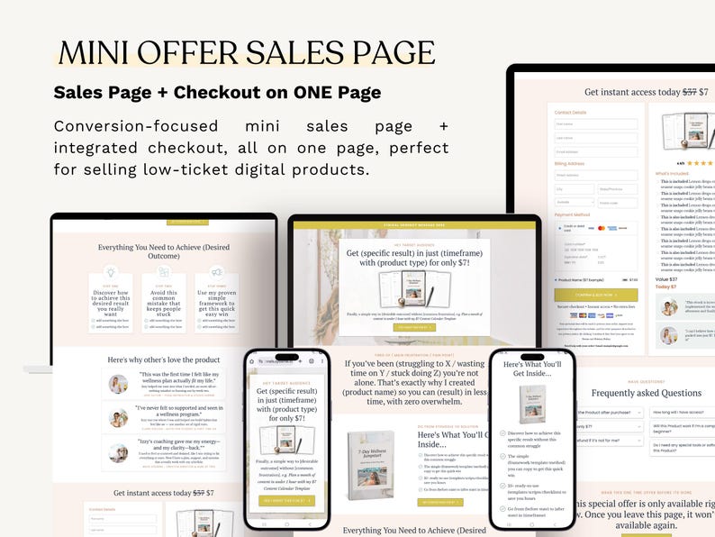 K&ouml;nnte beinhalten: Eine digitale Produktverkaufsseite, die auf mehreren Ger&auml;ten angezeigt wird, darunter ein Laptop, ein Tablet und Smartphones. Die Seite zeigt den Text "MINI OFFER SALES PAGE" und hebt eine konversionsorientierte Mini-Verkaufsseite mit integriertem Checkout hervor.