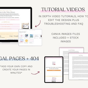 May include: A digital product image showcasing website design resources. The image includes a laptop, tablet, and several documents. Text on the image includes "Tutorial Videos," "Canva Images Files," and "Legal Pages + 404."