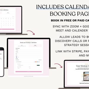 May include: Screenshots of booking pages on laptops and a phone. The text includes "Book your Free Call Below" and "Book your Strategy Call Below." The image also includes the text "INCLUDES CALENDAR BOOKING PAGES" and "BOOK IN FREE OR PAID CALLS."