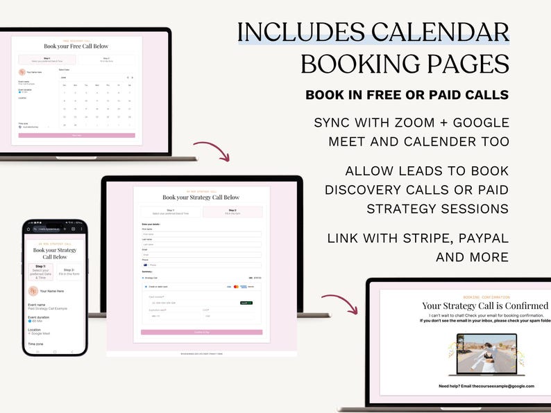May include: Screenshots of booking pages on laptops and a phone. The text includes "Book your Free Call Below" and "Book your Strategy Call Below." The image also includes the text "INCLUDES CALENDAR BOOKING PAGES" and "BOOK IN FREE OR PAID CALLS."