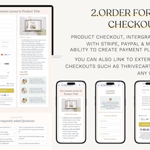 K&ouml;nnte beinhalten: Eine digitale Marketinggrafik, die ein Website-Bestellformular auf einem Laptop und Mobilger&auml;ten zeigt. Der Text lautet "Erhalten Sie sofortigen Zugriff auf den Produkttitel" und "2. Bestellformular-Checkout". Das Bild zeigt auch Zahlungsm&ouml;glichkeiten.
