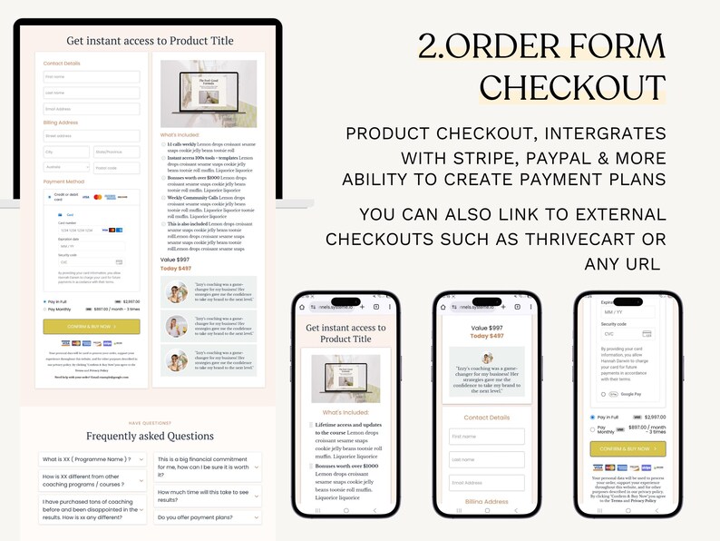 K&ouml;nnte beinhalten: Eine digitale Marketinggrafik, die ein Website-Bestellformular auf einem Laptop und Mobilger&auml;ten zeigt. Der Text lautet "Erhalten Sie sofortigen Zugriff auf den Produkttitel" und "2. Bestellformular-Checkout". Das Bild zeigt auch Zahlungsm&ouml;glichkeiten.