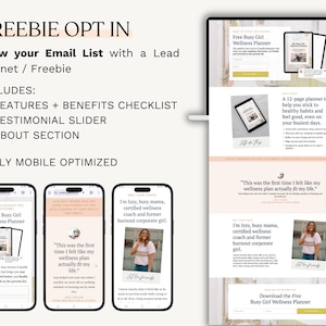 K&ouml;nnte beinhalten: Digitales Marketing-Grafik, die einen kostenlosen Wellness-Planer bewirbt. Das Bild enth&auml;lt einen Laptop und drei Mobiltelefonbildschirme, die die Funktionen des Planers anzeigen. Der Text lautet "Freebie Opt In".