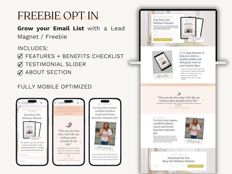 K&ouml;nnte beinhalten: Digitales Marketing-Grafik, die einen kostenlosen Wellness-Planer bewirbt. Das Bild enth&auml;lt einen Laptop und drei Mobiltelefonbildschirme, die die Funktionen des Planers anzeigen. Der Text lautet "Freebie Opt In".