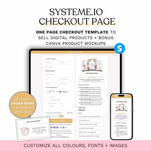 May include: A digital product mockup of a Systeme.io checkout page template, designed for selling digital products. The image displays the template on a tablet and smartphone, with options to customise colours, fonts, and images. Includes a discount code box.