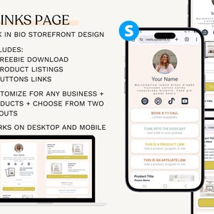 K&ouml;nnte beinhalten: Pr&auml;sentation eines digitalen Shop-Designs auf einem Laptop und Mobiltelefonen. Das Design umfasst eine &bdquo;Links Page&ldquo; mit anpassbarem Layout f&uuml;r Unternehmen, Produktlisten und Schaltfl&auml;chen. Das Design ist in einem hellbeige und wei&szlig;en Farbschema gehalten.