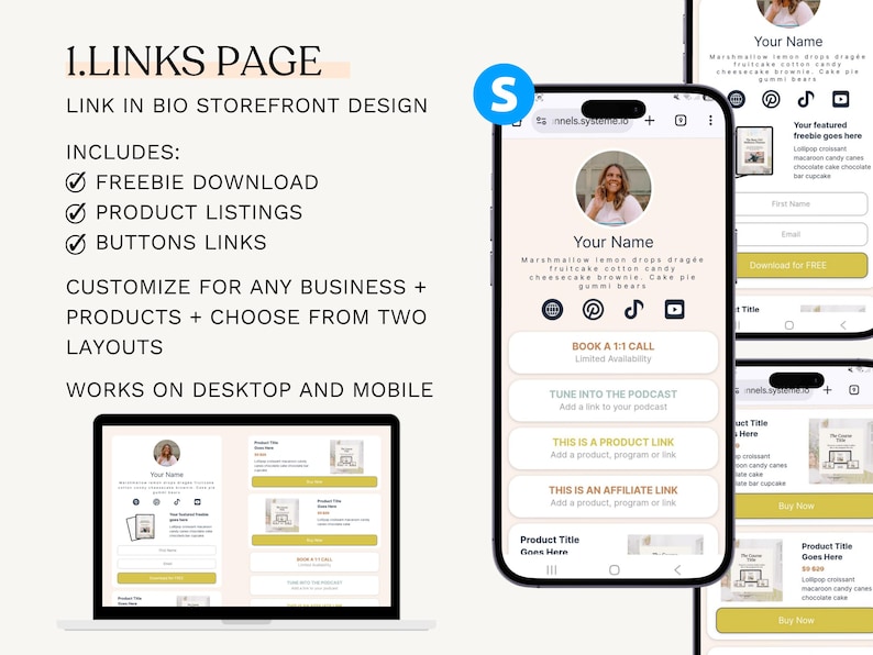 K&ouml;nnte beinhalten: Pr&auml;sentation eines digitalen Shop-Designs auf einem Laptop und Mobiltelefonen. Das Design umfasst eine &bdquo;Links Page&ldquo; mit anpassbarem Layout f&uuml;r Unternehmen, Produktlisten und Schaltfl&auml;chen. Das Design ist in einem hellbeige und wei&szlig;en Farbschema gehalten.