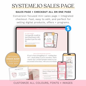 Könnte beinhalten: Ein digitales Marketing-Salespage-Design, das auf einem Tablet und zwei Smartphones angezeigt wird. Das Design weist ein rosa-weißes Farbschema mit dem Text "SYSTEME.IO SALES PAGE" und "SALES PAGE + CHECKOUT ALL ON ONE PAGE" auf.