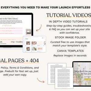 K&ouml;nnte beinhalten: Ein Bild mit dem Text "ALLES, WAS SIE BRAUCHEN, UM IHREN START ZU ERLEICHTERN". Es zeigt einen Laptop, ein Tablet und Dokumente mit Text. Der Text enth&auml;lt "Tutorial-Videos", "Rechtliche Seiten + 404" und "Canva-Vorlagen".