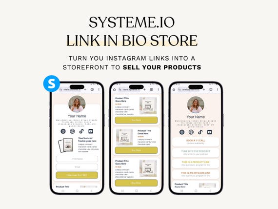 Systeme io Link in Bio, Instagram Links Template, Linktree, Stan Store Style Funnel, Landing Page Website, Digital Product Sales Page.
