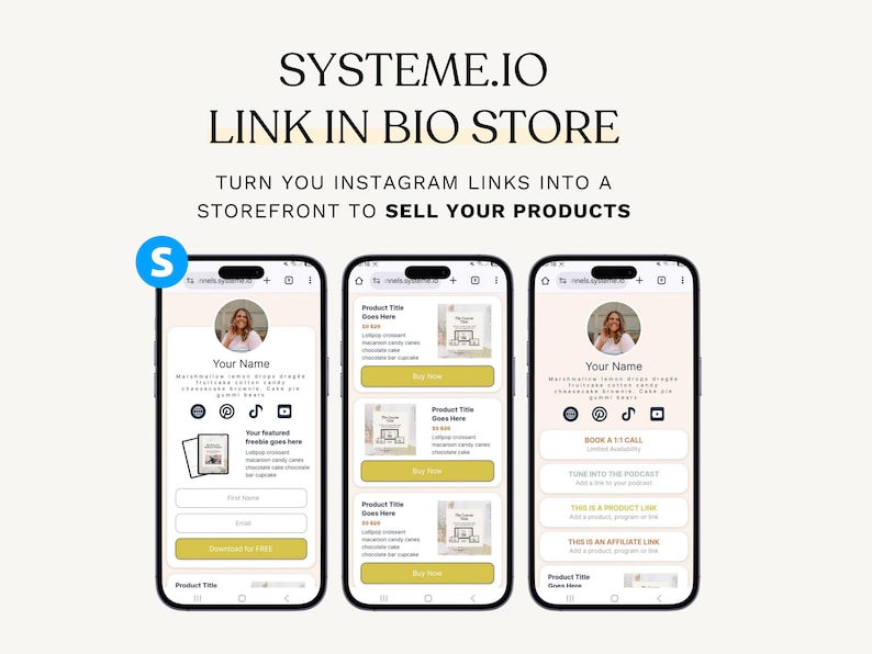 K&ouml;nnte beinhalten: Drei Smartphones zeigen eine Shop-Oberfl&auml;che. Der Text "SYSTEME.IO LINK IN BIO STORE" steht oben, mit dem Slogan "VERWANDELN SIE IHRE INSTAGRAM-LINKS IN EINEN SHOP, UM IHRE PRODUKTE ZU VERKAUFEN". Jedes Telefon zeigt ein Profilbild und Produktlisten.
