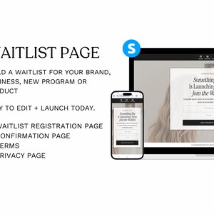 May include: A digital marketing graphic showcasing a waitlist page design. The image features a laptop and smartphone displaying a "Something Big is Launching Soon" landing page. Text includes "Waitlist Page" and details on building a waitlist for brands, businesses, and products.