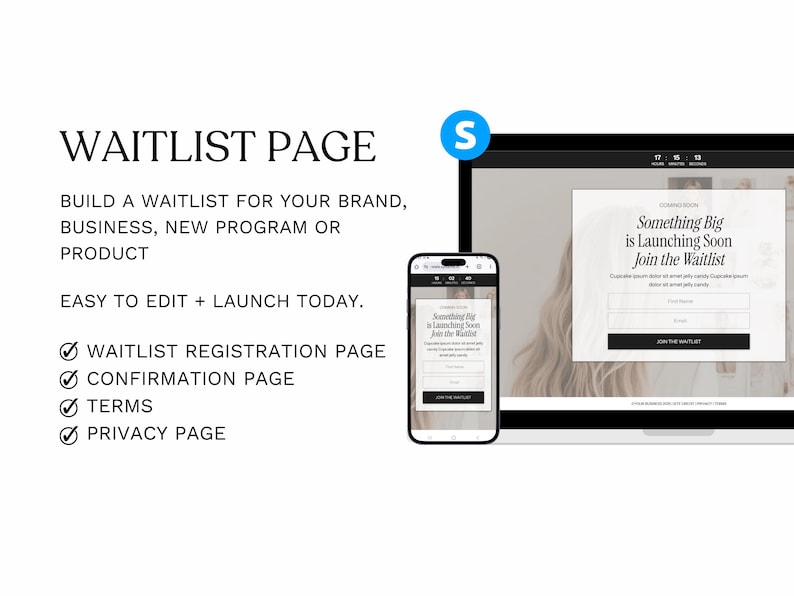 May include: A digital marketing graphic showcasing a waitlist page design. The image features a laptop and smartphone displaying a "Something Big is Launching Soon" landing page. Text includes "Waitlist Page" and details on building a waitlist for brands, businesses, and products.