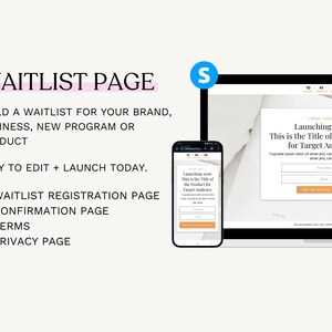 May include: A digital mockup of a waitlist page design, displayed on a laptop and a smartphone. The design features the text "WAITLIST PAGE" and "Launching soon". The layout is clean and modern, with a focus on user registration and a call to action.