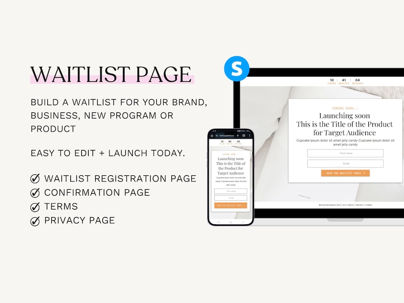 May include: A digital mockup of a waitlist page design, displayed on a laptop and a smartphone. The design features the text "WAITLIST PAGE" and "Launching soon". The layout is clean and modern, with a focus on user registration and a call to action.