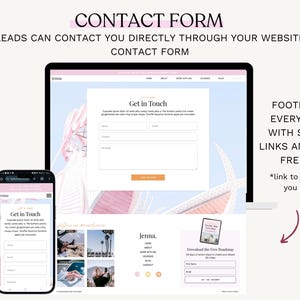 May include: A website contact form displayed on a laptop and a smartphone. The laptop screen shows a "Get in Touch" form with fields for name, email, and message. The smartphone mirrors the form. Text at the top reads "CONTACT FORM".