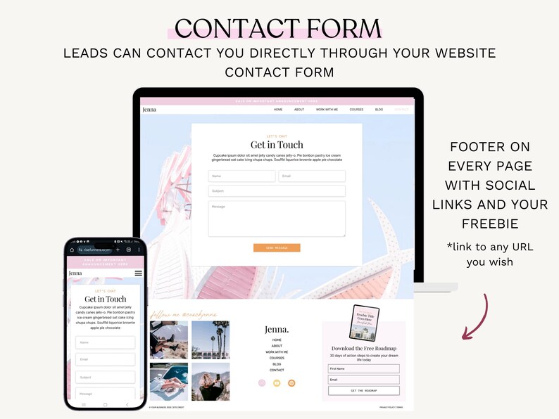 May include: A website contact form displayed on a laptop and a smartphone. The laptop screen shows a "Get in Touch" form with fields for name, email, and message. The smartphone mirrors the form. Text at the top reads "CONTACT FORM".