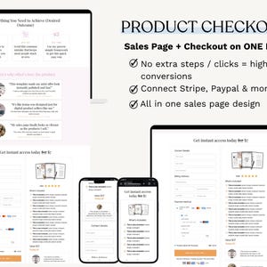 May include: A digital product sales page design is displayed on a laptop, two smartphones, and a tablet. The text reads "Product Checkout" and "Sales Page + Checkout on ONE Page." The design includes a form and testimonials.