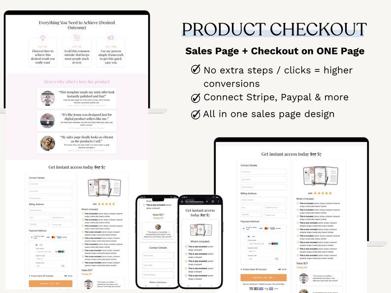 May include: A digital product sales page design is displayed on a laptop, two smartphones, and a tablet. The text reads "Product Checkout" and "Sales Page + Checkout on ONE Page." The design includes a form and testimonials.
