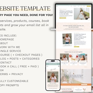 K&ouml;nnte beinhalten: Eine Website-Vorlage, die auf einem Laptop, Telefon und Tablet angezeigt wird. Die Vorlage enth&auml;lt Seiten f&uuml;r Dienstleistungen, Kurse und Blogs. Auf dem Bildschirm steht "WEBSITE TEMPLATE" und "EVERY PAGE YOU NEED, DONE FOR YOU!"