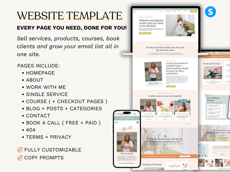 K&ouml;nnte beinhalten: Eine Website-Vorlage, die auf einem Laptop, Telefon und Tablet angezeigt wird. Die Vorlage enth&auml;lt Seiten f&uuml;r Dienstleistungen, Kurse und Blogs. Auf dem Bildschirm steht "WEBSITE TEMPLATE" und "EVERY PAGE YOU NEED, DONE FOR YOU!"