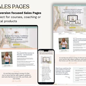 K&ouml;nnte beinhalten: Eine digitale Marketinggrafik, die Verkaufsseiten f&uuml;r Kurse, Coaching und digitale Produkte pr&auml;sentiert. Das Bild zeigt einen Laptop, ein Smartphone und ein Tablet, die Website-Mockups mit dem Text "Reclaim Your Energy, Confidence & Joy" anzeigen.