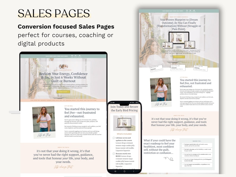 K&ouml;nnte beinhalten: Eine digitale Marketinggrafik, die Verkaufsseiten f&uuml;r Kurse, Coaching und digitale Produkte pr&auml;sentiert. Das Bild zeigt einen Laptop, ein Smartphone und ein Tablet, die Website-Mockups mit dem Text "Reclaim Your Energy, Confidence & Joy" anzeigen.