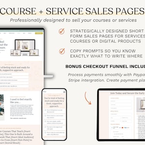 K&ouml;nnte beinhalten: Eine digitale Marketinggrafik mit dem Text "COURSE + SERVICE SALES PAGES" und Website-Mockups auf einem Laptop, Tablet und Telefon. Das Design bewirbt professionell gestaltete Verkaufsseiten f&uuml;r Kurse und Dienstleistungen.