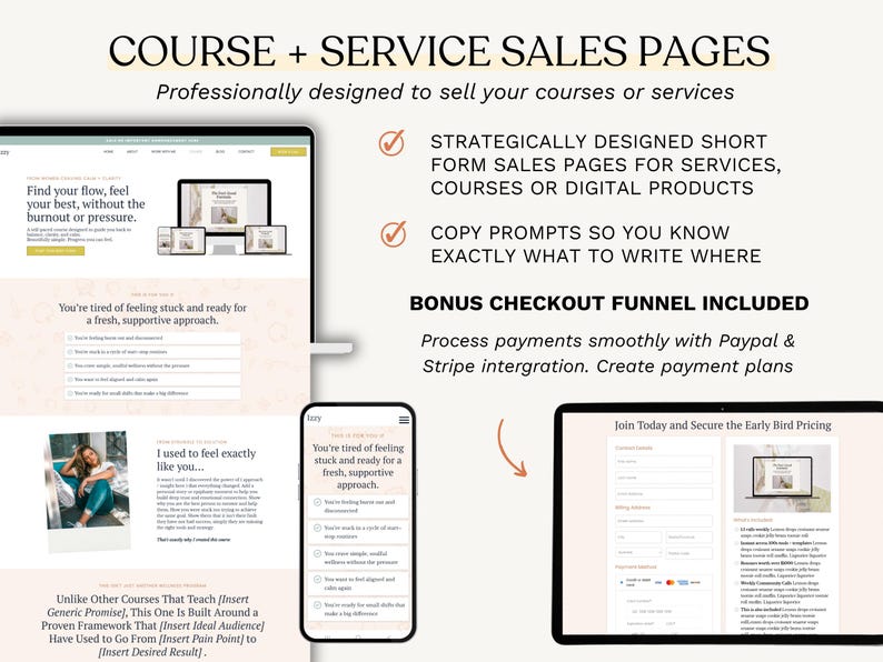 K&ouml;nnte beinhalten: Eine digitale Marketinggrafik mit dem Text "COURSE + SERVICE SALES PAGES" und Website-Mockups auf einem Laptop, Tablet und Telefon. Das Design bewirbt professionell gestaltete Verkaufsseiten f&uuml;r Kurse und Dienstleistungen.