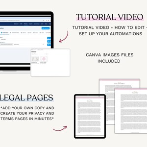 May include: A laptop and tablet display website templates and legal documents. The text includes "Tutorial Video" and "Legal Pages". The image also includes the text "Tutorial Video - How to edit + set up your automations" and "Canva images files included."