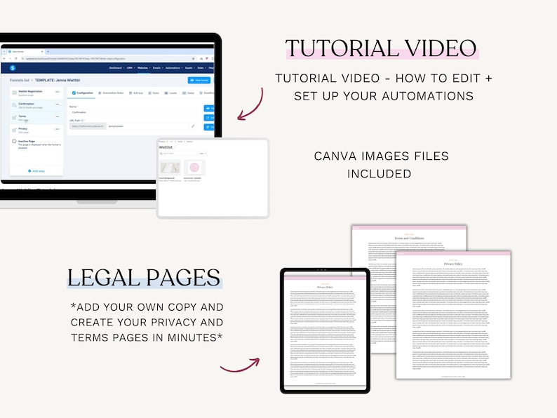 May include: A laptop and tablet display website templates and legal documents. The text includes "Tutorial Video" and "Legal Pages". The image also includes the text "Tutorial Video - How to edit + set up your automations" and "Canva images files included."