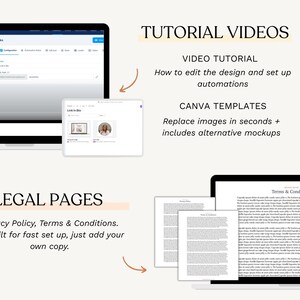 K&ouml;nnte beinhalten: Ein digitales Marketing-Template, das auf einem Laptop und Tablet angezeigt wird, mit Text-Overlay, einschlie&szlig;lich "Tutorial-Videos" und "Rechtliche Seiten". Das Bild zeigt auch einen Laptop, der ein Dokument mit Allgemeinen Gesch&auml;ftsbedingungen anzeigt.
