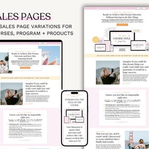 May include: A digital marketing design featuring sales page variations for courses, programs, and products. The design includes mockups of a laptop, tablet, and smartphone, showcasing website layouts with text and images. The text includes "SALES PAGES" and "Ready to Achieve this Dream Outcome."
