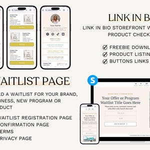 K&ouml;nnte beinhalten: Bild mit Handy-Bildschirmen und einem Computerbildschirm mit Website-Mockups. Der Text enth&auml;lt "Link in Bio", "Waitlist Page" und Details zu Produktlisten und kostenlosen Downloads. Das Design ist sauber und modern, mit Fokus auf Benutzeroberfl&auml;chenelemente.