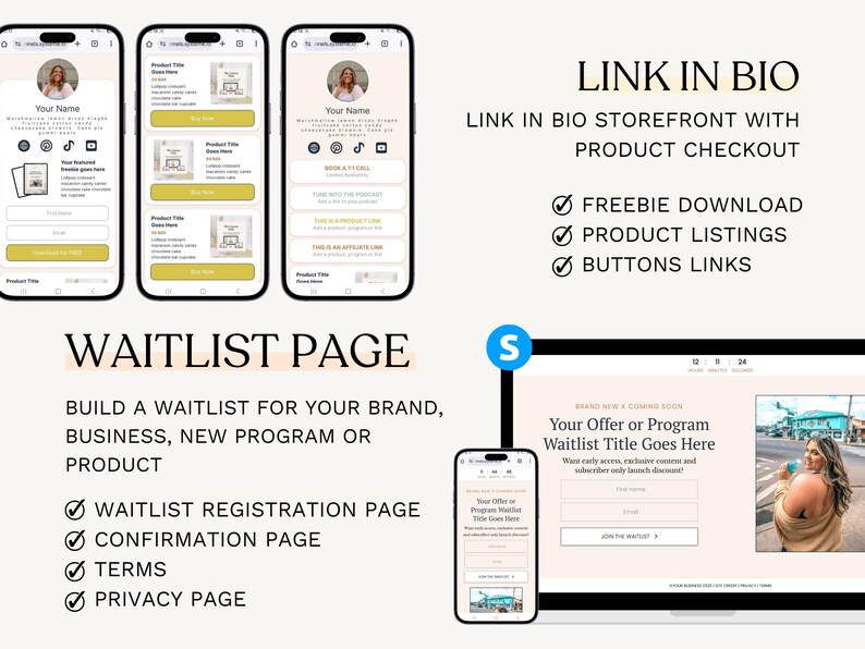 K&ouml;nnte beinhalten: Bild mit Handy-Bildschirmen und einem Computerbildschirm mit Website-Mockups. Der Text enth&auml;lt "Link in Bio", "Waitlist Page" und Details zu Produktlisten und kostenlosen Downloads. Das Design ist sauber und modern, mit Fokus auf Benutzeroberfl&auml;chenelemente.