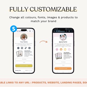 K&ouml;nnte beinhalten: Zwei Smartphones zeigen anpassbare Website-Vorlagen. Der Text lautet &bdquo;VOLL ANPASSBAR&ldquo; und &bdquo;&Auml;ndern Sie alle Farben, Schriftarten, Bilder und Produkte, um sie an Ihre Marke anzupassen&ldquo;. Die Telefone zeigen Profilseiten mit Social-Media-Symbolen und einer Handlungsaufforderung.