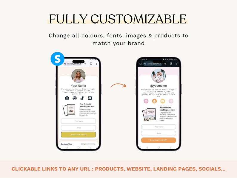 K&ouml;nnte beinhalten: Zwei Smartphones zeigen anpassbare Website-Vorlagen. Der Text lautet &bdquo;VOLL ANPASSBAR&ldquo; und &bdquo;&Auml;ndern Sie alle Farben, Schriftarten, Bilder und Produkte, um sie an Ihre Marke anzupassen&ldquo;. Die Telefone zeigen Profilseiten mit Social-Media-Symbolen und einer Handlungsaufforderung.
