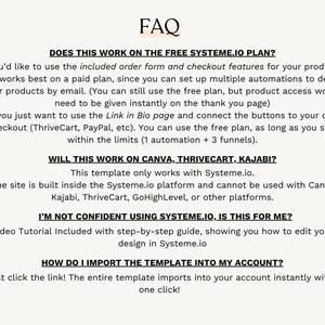 K&ouml;nnte beinhalten: FAQ-Seite mit Text, der Fragen zu einer Vorlage beantwortet. Fragen umfassen Kompatibilit&auml;t mit Systeme.io, Nutzung des kostenlosen Plans und Importanweisungen. Der Text ist in einer einfachen, gut lesbaren Schrift.