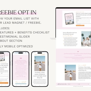 May include: A digital marketing design with the text "FREEBIE OPT IN" in pink. The image includes a laptop and three smartphones displaying a website layout. The website promotes a lead magnet with a checklist, testimonial slider, and about section.