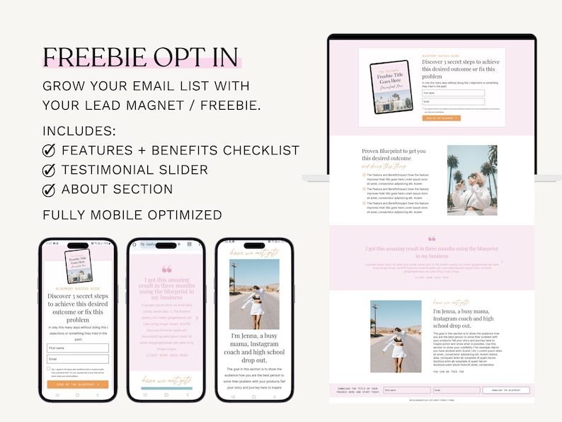 May include: A digital marketing design with the text "FREEBIE OPT IN" in pink. The image includes a laptop and three smartphones displaying a website layout. The website promotes a lead magnet with a checklist, testimonial slider, and about section.