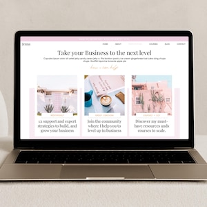 May include: A laptop displaying a website with a pink and white color scheme. The website's headline reads "Take your Business to the next level." The site features three sections with text and images, promoting support, community, and resources.