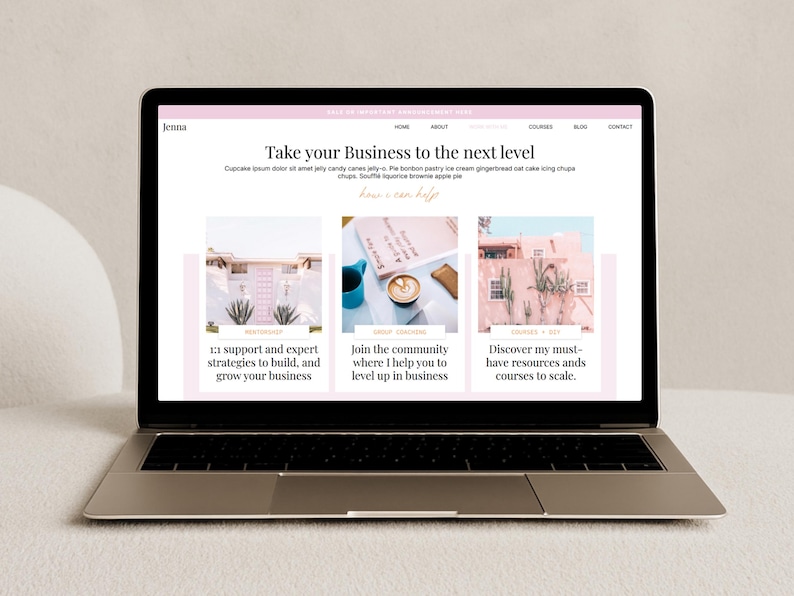 May include: A laptop displaying a website with a pink and white color scheme. The website's headline reads "Take your Business to the next level." The site features three sections with text and images, promoting support, community, and resources.