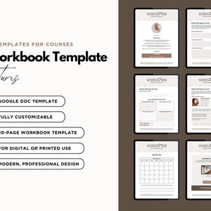 May include: A digital product mockup showcasing a workbook template with the text "Workbook Template" and "20 Templates for Courses." Features include Google Doc template, fully customizable, 20-page workbook, for digital or printed use, and modern design.