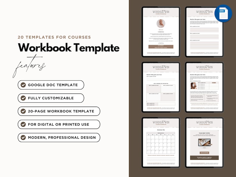 May include: A digital product mockup showcasing a workbook template with the text "Workbook Template" and "20 Templates for Courses." Features include Google Doc template, fully customizable, 20-page workbook, for digital or printed use, and modern design.