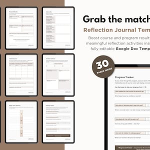 May include: A digital product mockup featuring a Reflection Journal Template. The image shows a collection of tablets displaying journal pages with prompts and a progress tracker. The text reads "Grab the matching Reflection Journal Template".