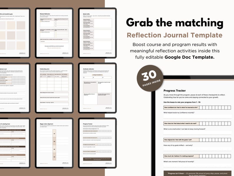 May include: A digital product mockup featuring a Reflection Journal Template. The image shows a collection of tablets displaying journal pages with prompts and a progress tracker. The text reads "Grab the matching Reflection Journal Template".