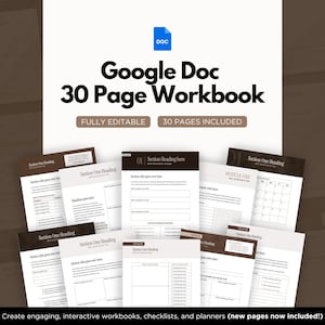 May include: A collection of white workbooks with a brown border, displaying the text "Google Doc 30 Page Workbook." The workbooks are fully editable and contain 30 pages. The image also includes the text "Create engaging, interactive workbooks, checklists, and planners."
