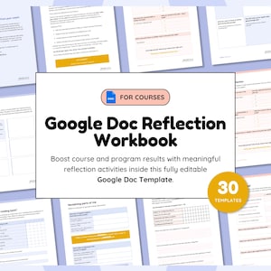Könnte beinhalten: Eine Sammlung druckbarer Google Doc Reflection Workbook-Vorlagen. Das zentrale Bild zeigt den Titel "Google Doc Reflection Workbook" mit dem Text "Boost course and program results with meaningful reflection activities inside this fully editable Google Doc Template."