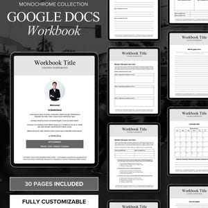Peut inclure: Une collection de modèles de classeur numérique pour Google Docs au design monochrome. La mise en page comprend divers styles de pages tels que des pages d'accueil avec des espaces réservés pour des photos, des modules de cours et des calendriers.
