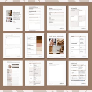 May include: A collection of twelve white paper templates with a brown border. The templates include sections for business planning, mood boards, and personal profiles. The pages feature text and image placeholders.